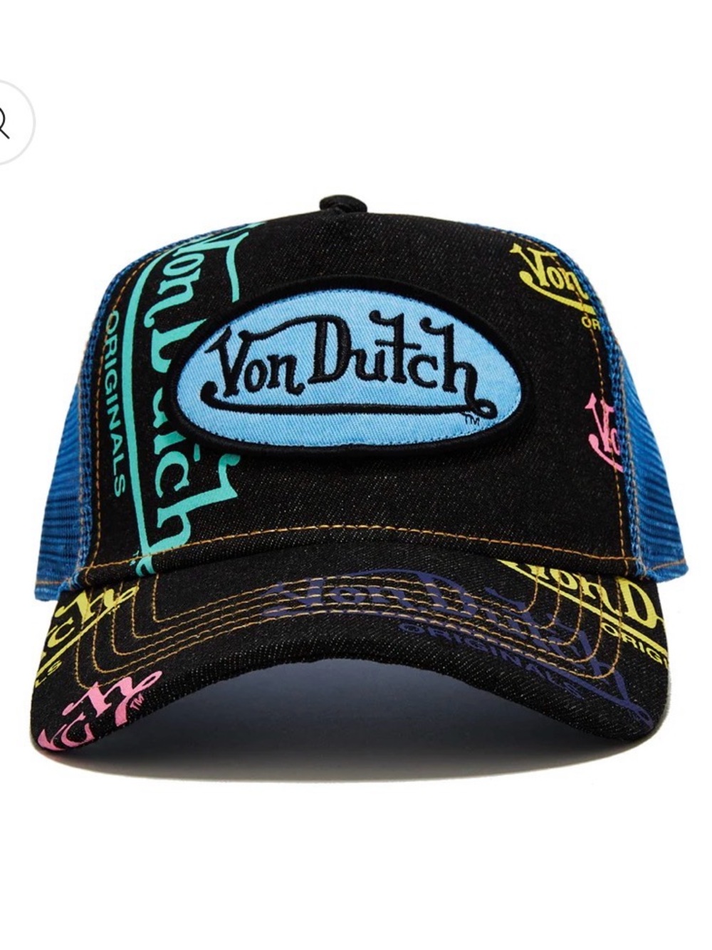 Von Dutch Black Trucker Hat with Blue Patch and Multicolor Graphics